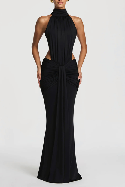 Marlaia Halter Ruched Backless Maxi Dress - Black