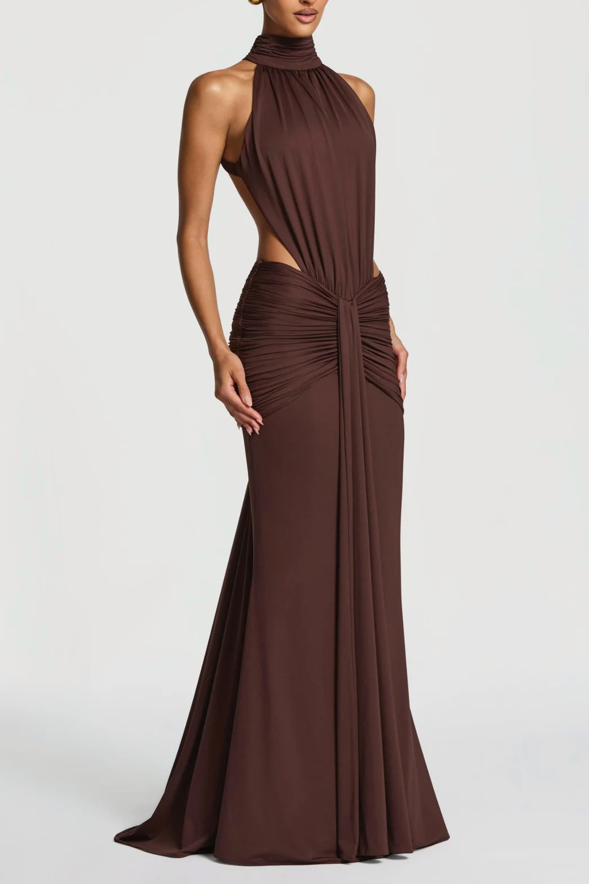 Marlaia Halter Ruched Backless Maxi Dress - Brown