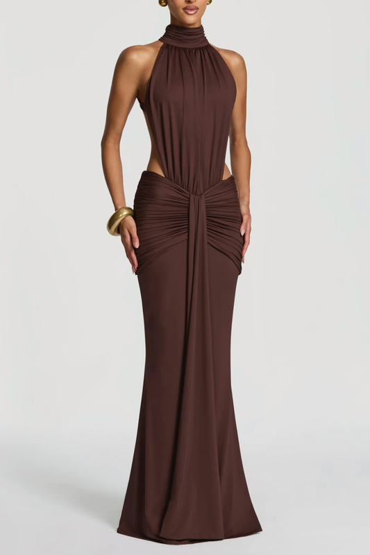 Marlaia Halter Ruched Backless Maxi Dress - Brown