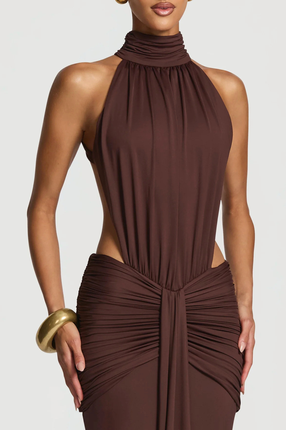 Marlaia Halter Ruched Backless Maxi Dress - Brown