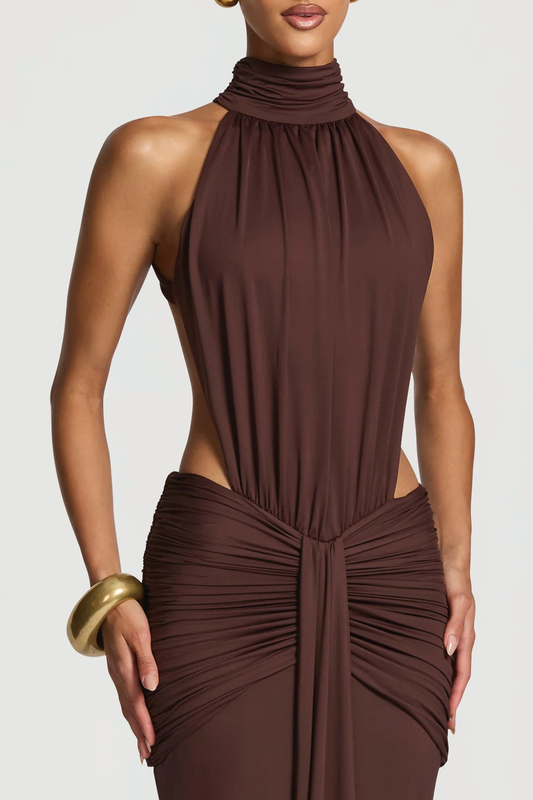 Marlaia Halter Ruched Backless Maxi Dress - Brown