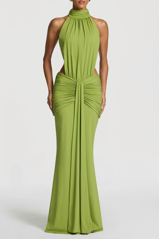 Marlaia Halter Ruched Backless Maxi Dress - Green