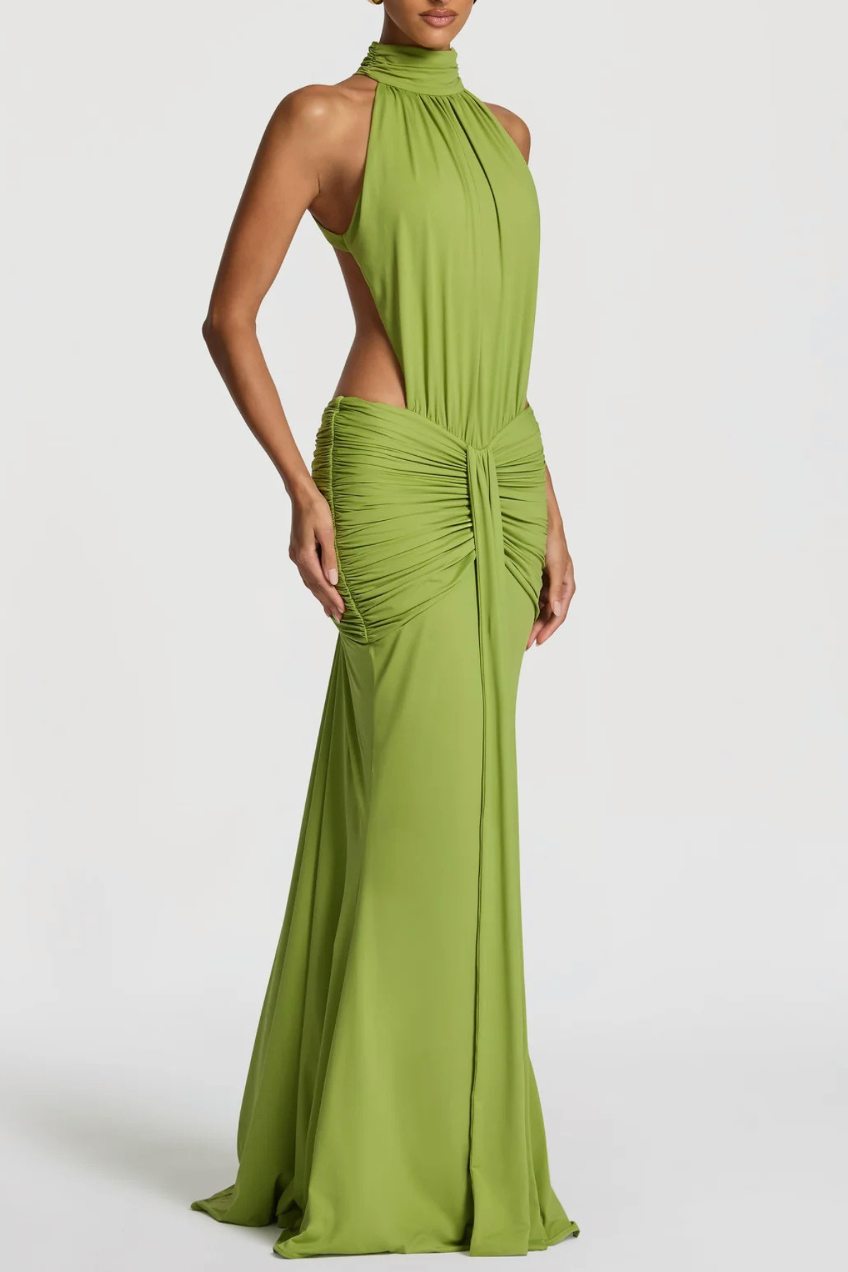 Marlaia Halter Ruched Backless Maxi Dress - Green