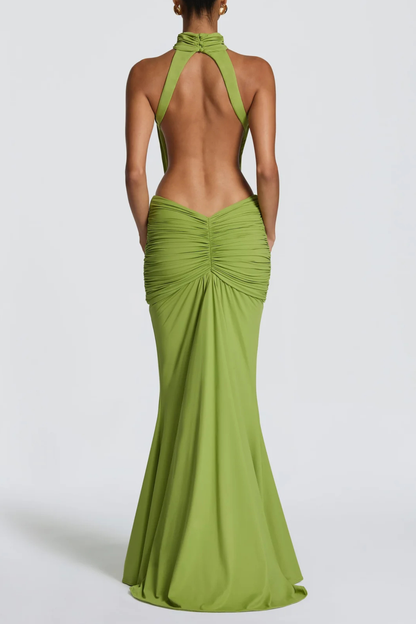 Marlaia Halter Ruched Backless Maxi Dress - Green