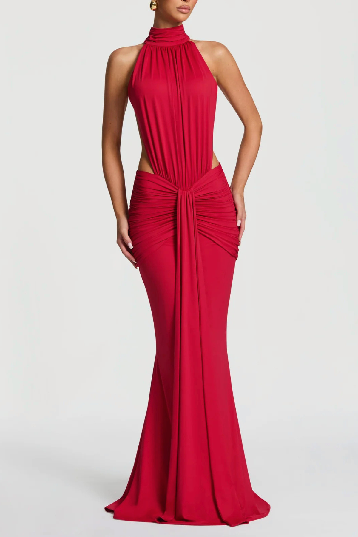 Marlaia Halter Ruched Backless Maxi Dress - Red