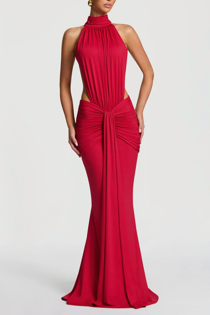 Marlaia Halter Ruched Backless Maxi Dress - Red