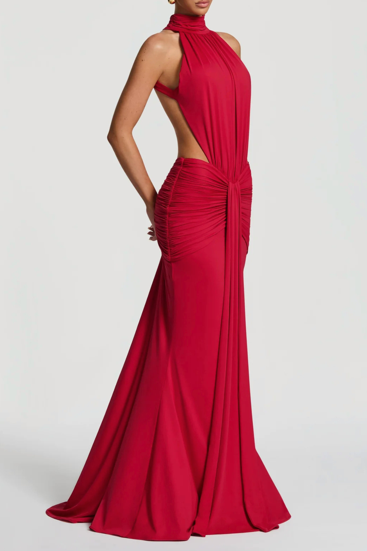 Marlaia Halter Ruched Backless Maxi Dress - Red