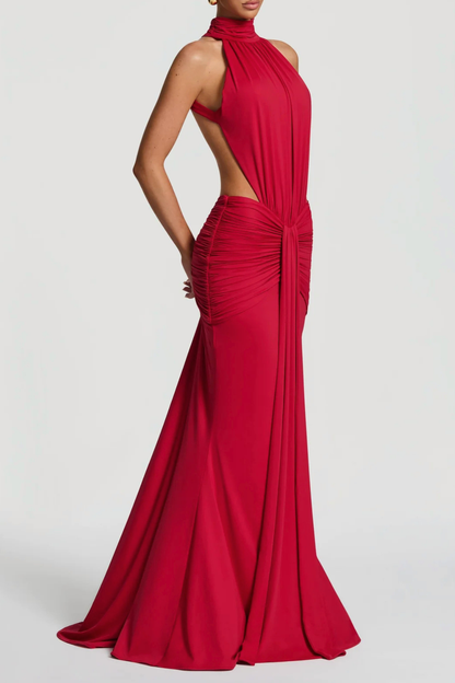 Marlaia Halter Ruched Backless Maxi Dress - Red