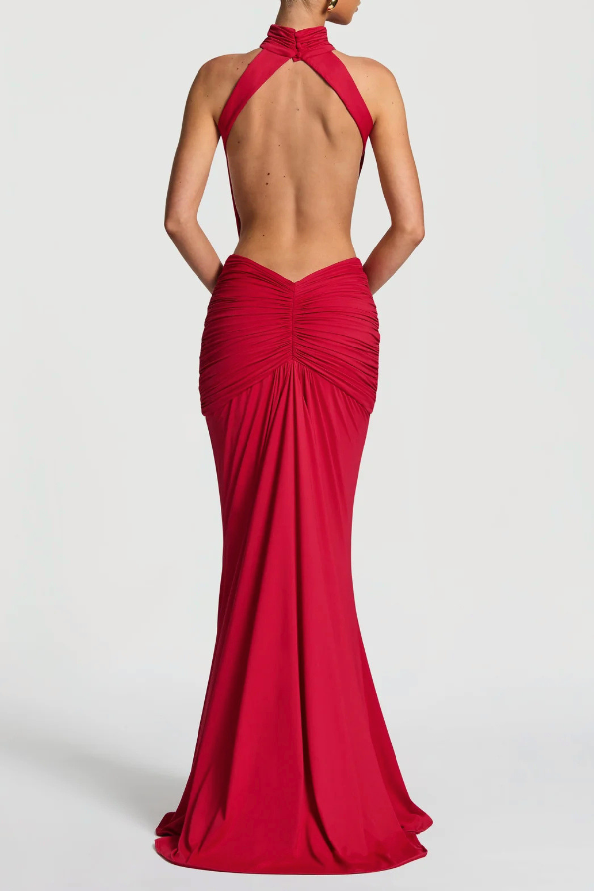 Marlaia Halter Ruched Backless Maxi Dress - Red