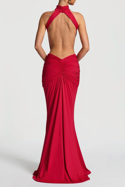 Marlaia Halter Ruched Backless Maxi Dress - Red