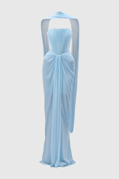 Marnie Scarf Strapless Ruched Maxi Dress - Blue