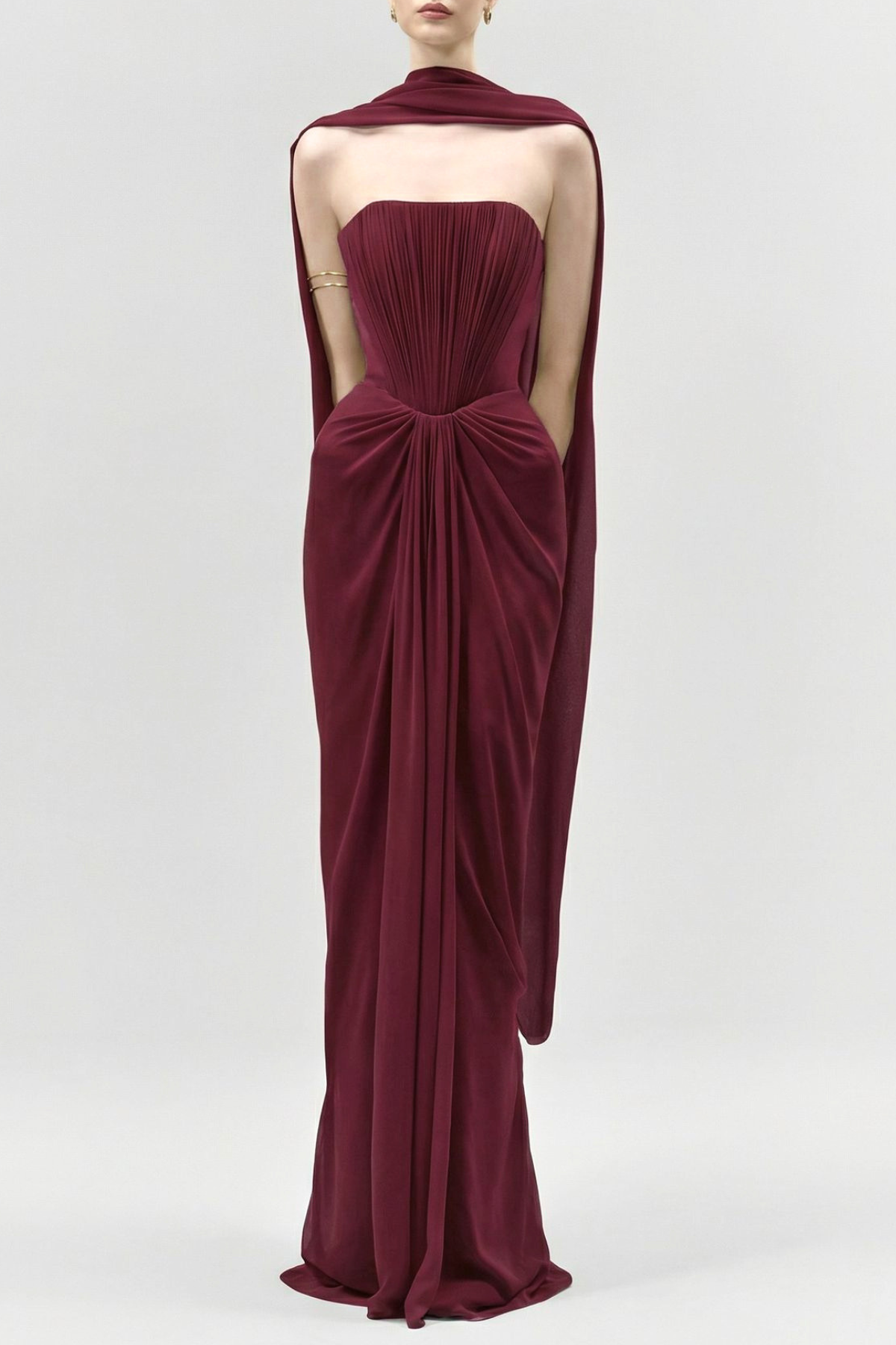 Marnie Scarf Strapless Ruched Maxi Dress - Wine
