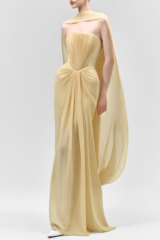 Marnie Scarf Strapless Ruched Maxi Dress - Yellow
