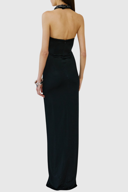 Maura Crystal Embellished Halter Cutout Maxi Dress