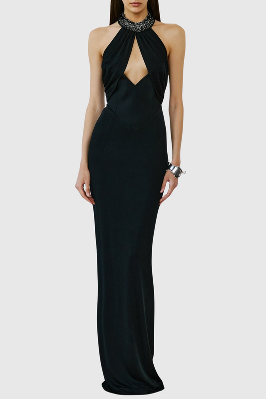 Maura Crystal Embellished Halter Cutout Maxi Dress