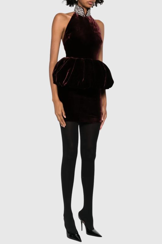Mayuri Crystal Velvet Peplum-waist Mini Dress
