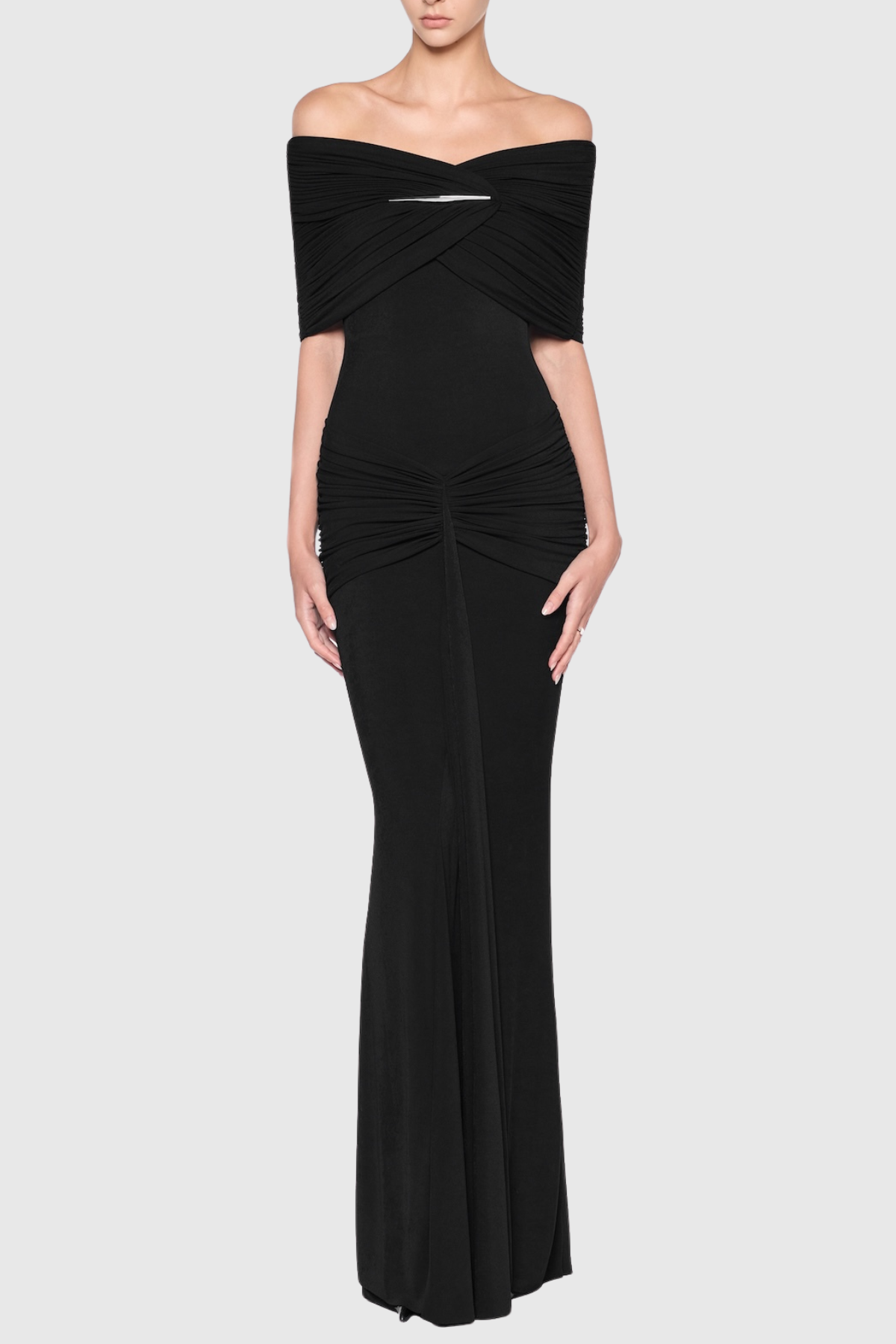 Mbban Off Shoulder Metal Ruched Maxi Dress - Black