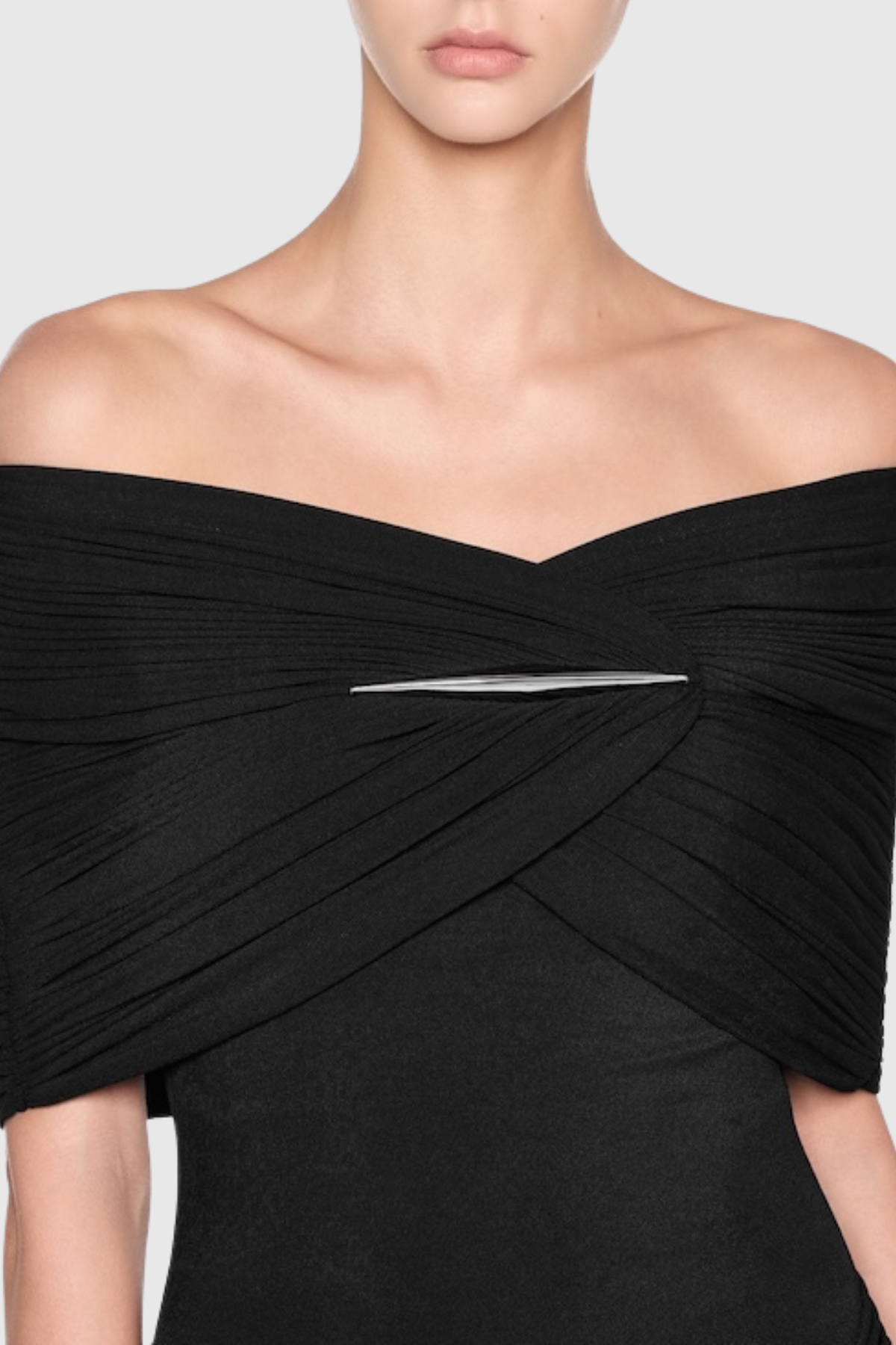 Mbban Off Shoulder Metal Ruched Maxi Dress - Black