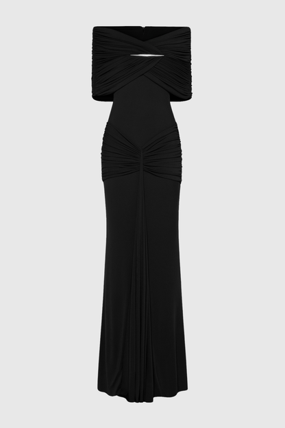 Mbban Off Shoulder Metal Ruched Maxi Dress - Black