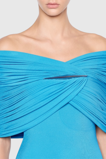 Mbban Off Shoulder Metal Ruched Maxi Dress - Blue