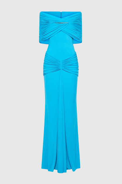 Mbban Off Shoulder Metal Ruched Maxi Dress - Blue