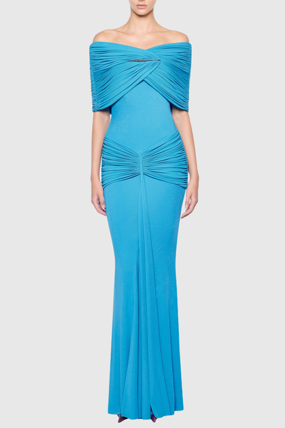 Mbban Off Shoulder Metal Ruched Maxi Dress - Blue