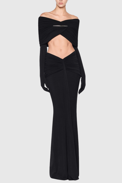 Mbban Off Shoulder Ruched Top & Maxi Skirt Set - Black