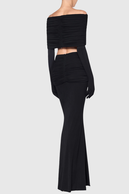 Mbban Off Shoulder Ruched Top & Maxi Skirt Set - Black