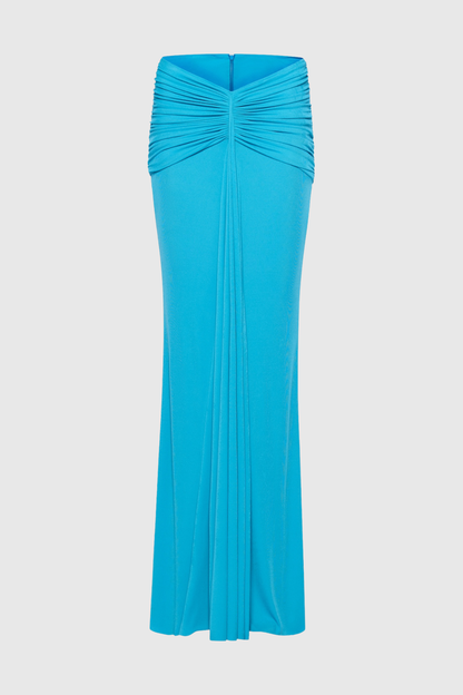Mbban Off Shoulder Ruched Top & Maxi Skirt Set - Blue