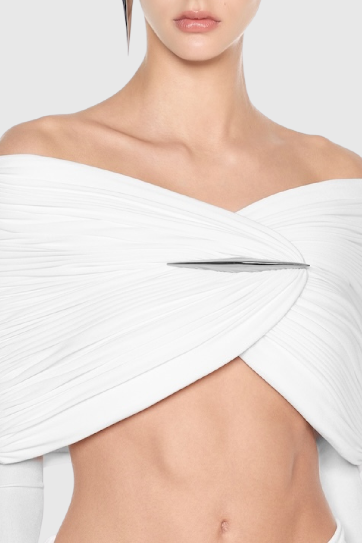 Mbban Off Shoulder Ruched Top & Maxi Skirt Set - White