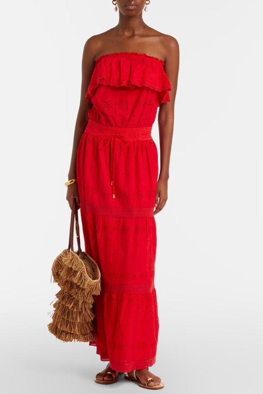 Melinda Off Shoulder Broderie Maxi Dress - Red