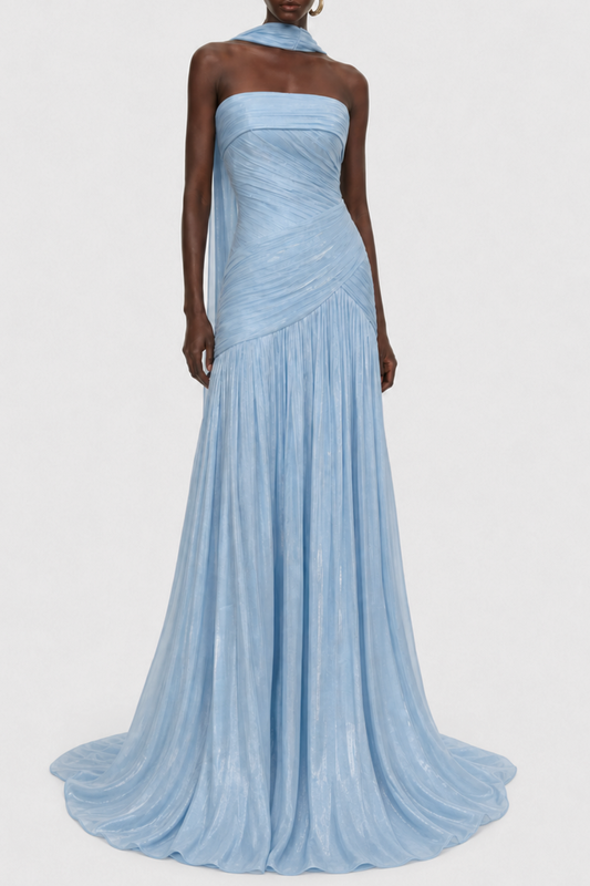 Melora Strapless Glossy Ruched Maxi Dress