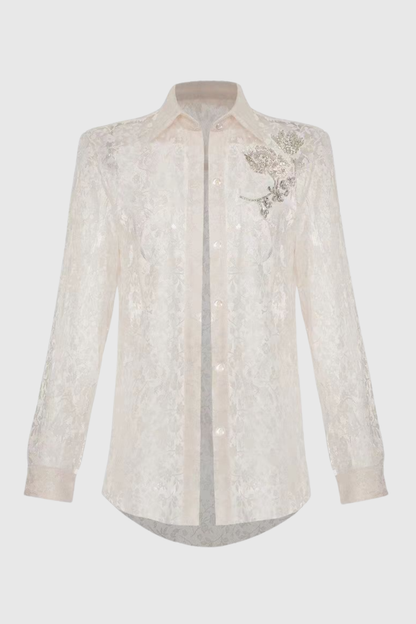 Melrose Floral Crystal Embellished Lace Shirt