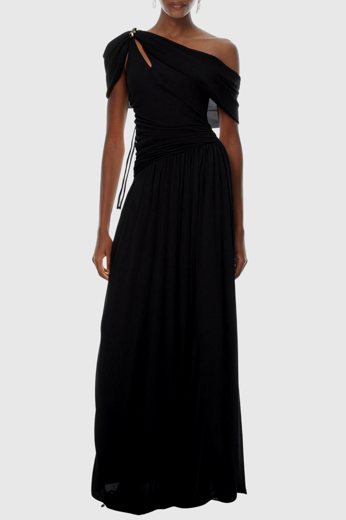 Merlin Asymmetric Ruched Maxi Dress - Black