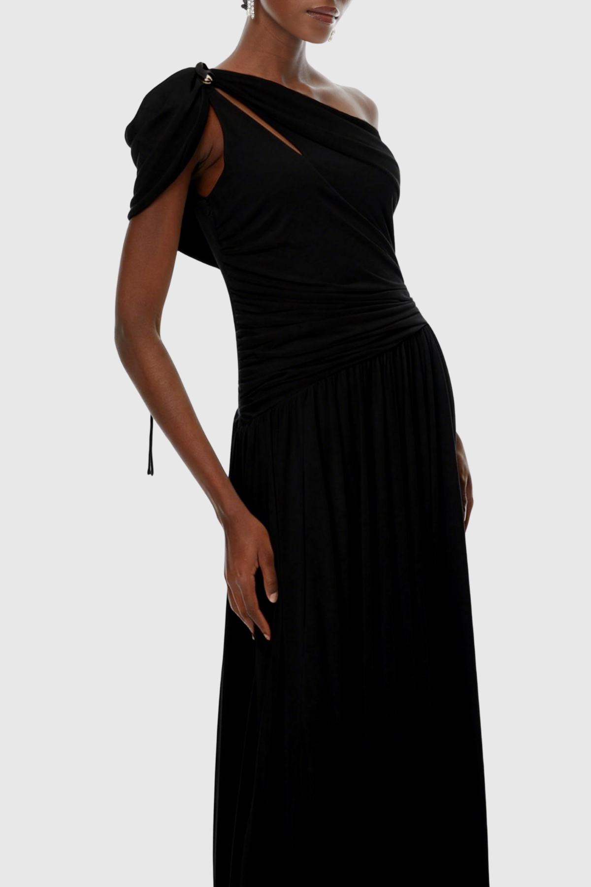 Merlin Asymmetric Ruched Maxi Dress - Black