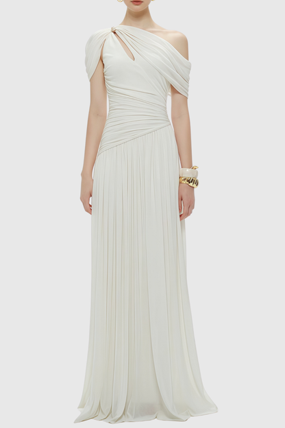 Merlin Asymmetric Ruched Maxi Dress - White