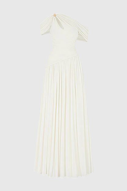 Merlin Asymmetric Ruched Maxi Dress - White