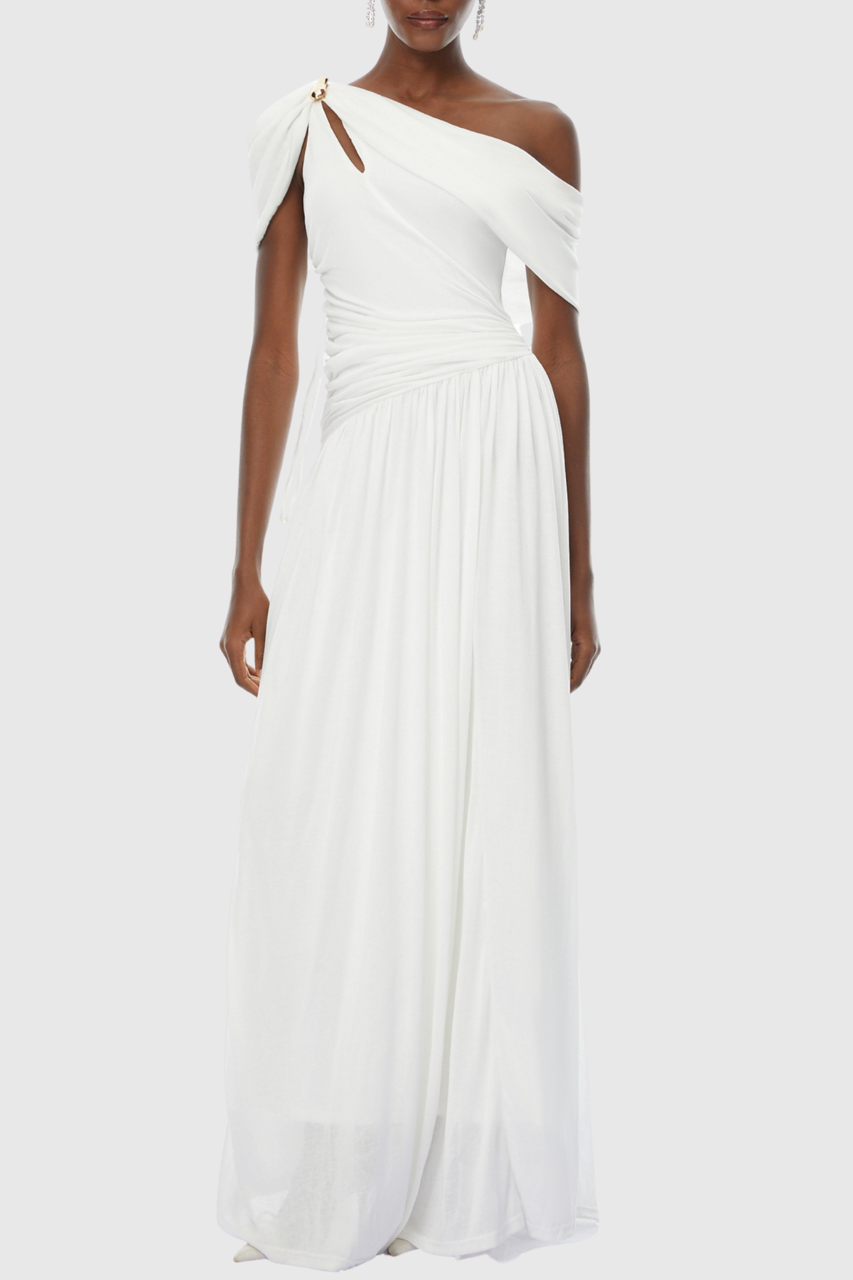 Merlin Asymmetric Ruched Maxi Dress - White