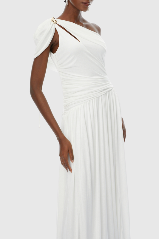Merlin Asymmetric Ruched Maxi Dress - White