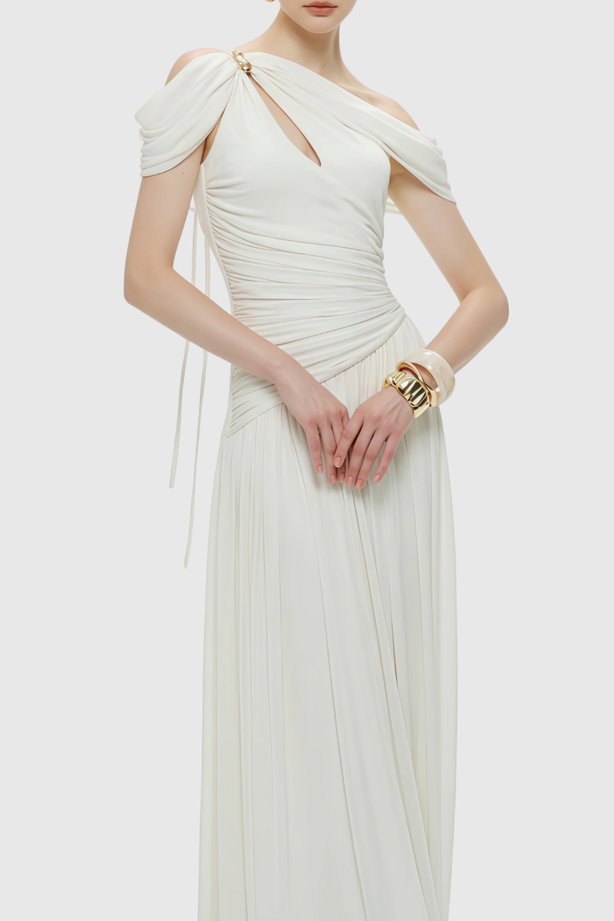 Merlin Asymmetric Ruched Maxi Dress - White