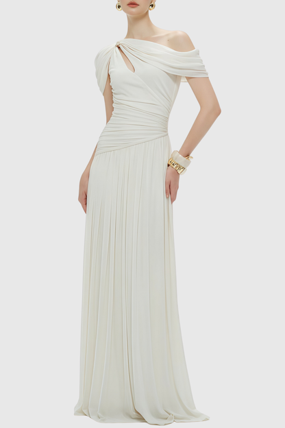 Merlin Asymmetric Ruched Maxi Dress - White