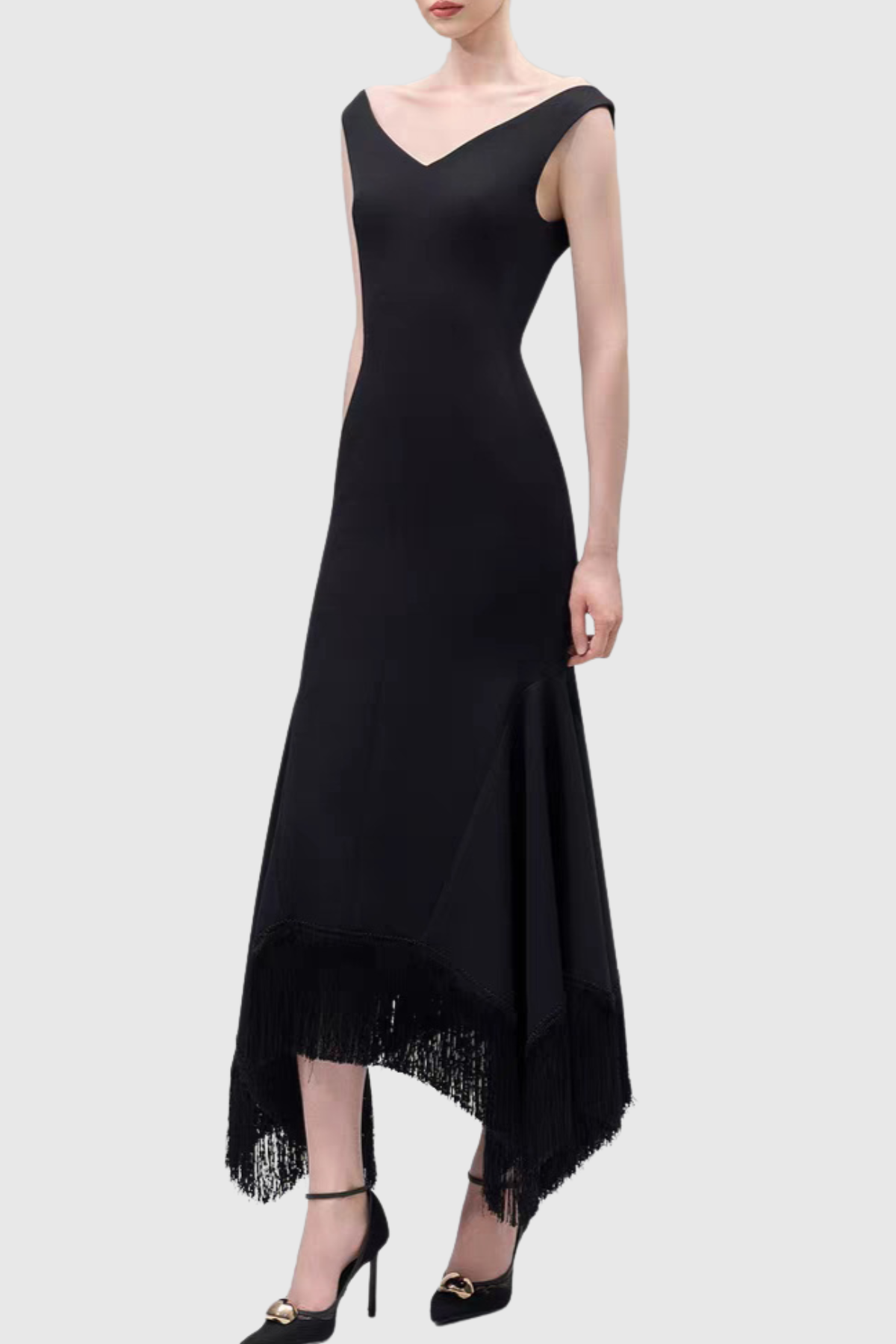 Mermaid V-Neck Fringe Midi Dress
