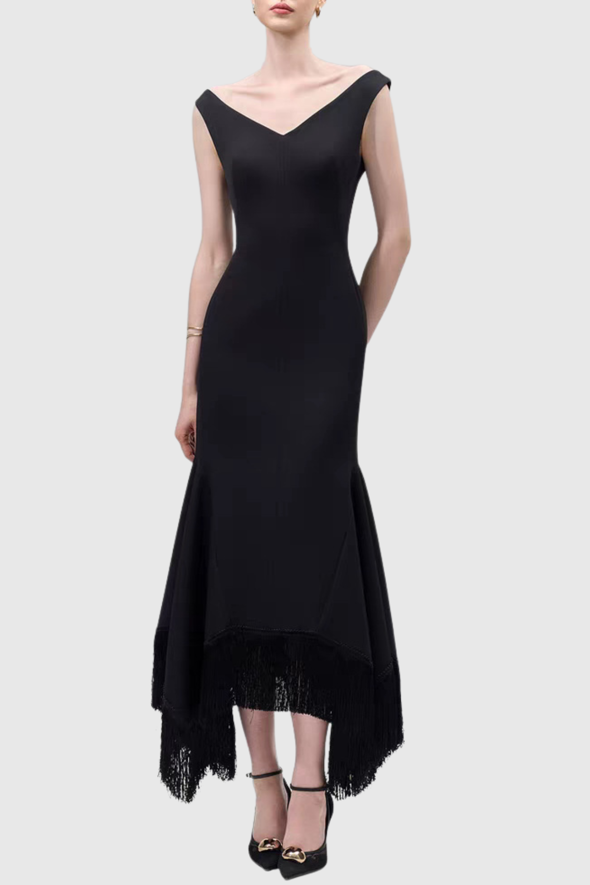 Mermaid V-Neck Fringe Midi Dress
