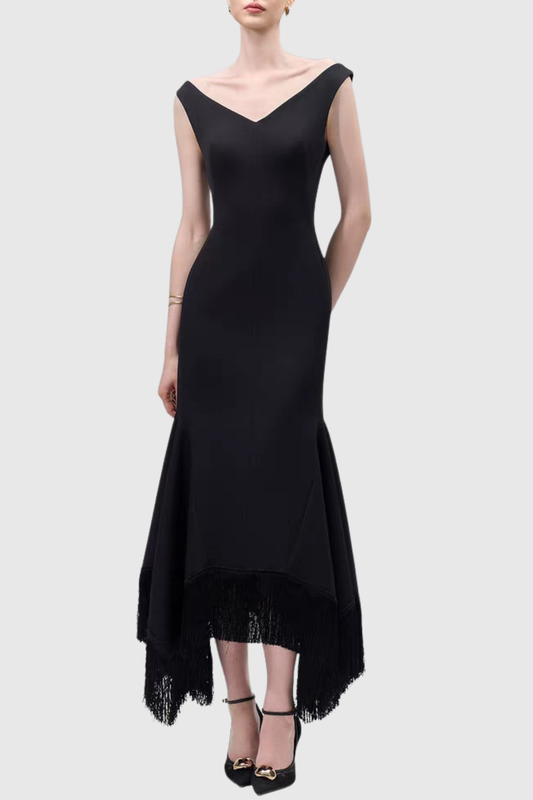 Mermaid V-Neck Fringe Midi Dress