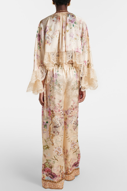 Mibara Floral Print Lace Trim Blouse