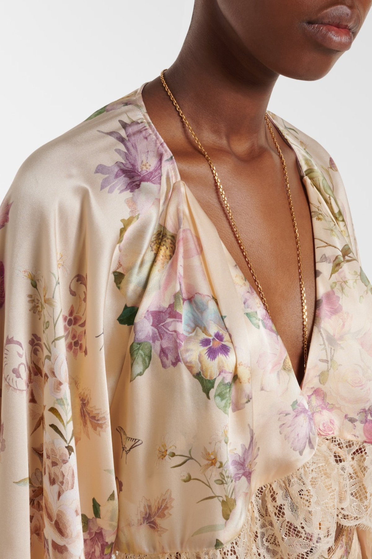 Mibara Floral Print Lace Trim Blouse