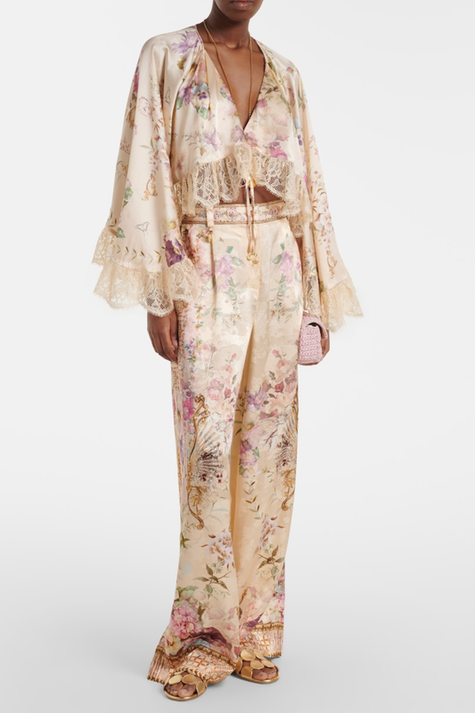 Mibara Floral Print Lace Trim Blouse