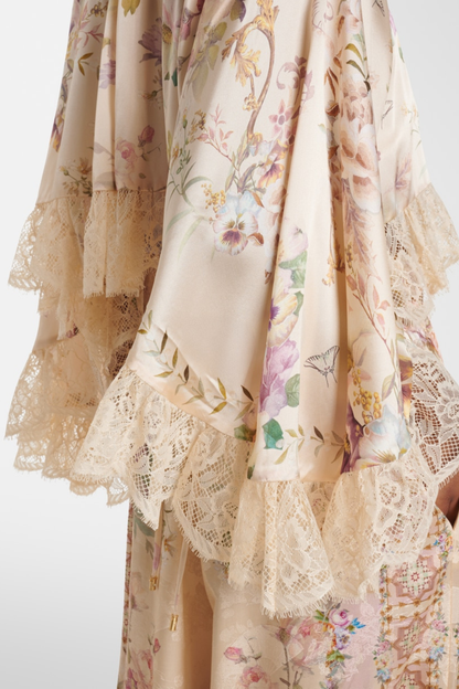 Mibara Floral Print Lace Trim Blouse