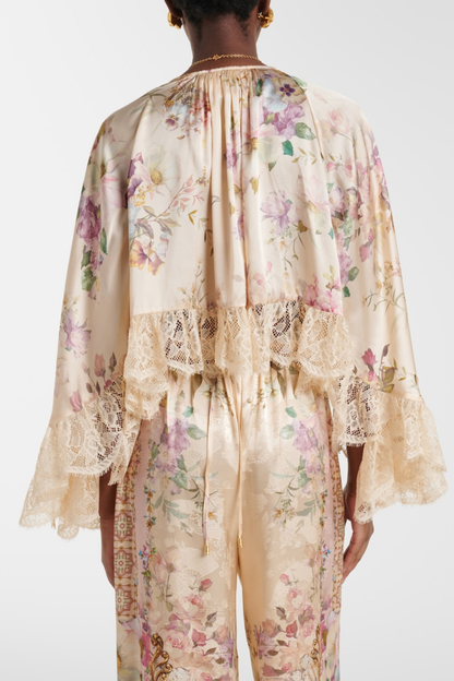 Mibara Floral Print Lace Trim Blouse