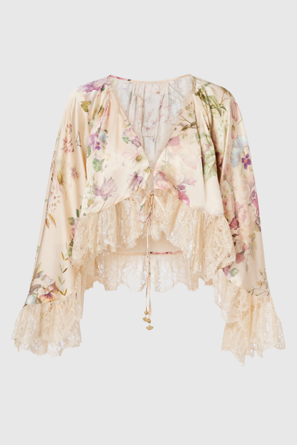 Mibara Floral Print Lace Trim Blouse